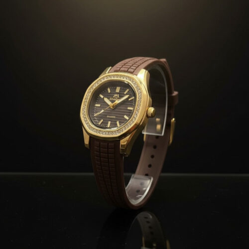 Ladies Casual-Luxury Gold Watch | Brown Strap Diamond Look Timepiece