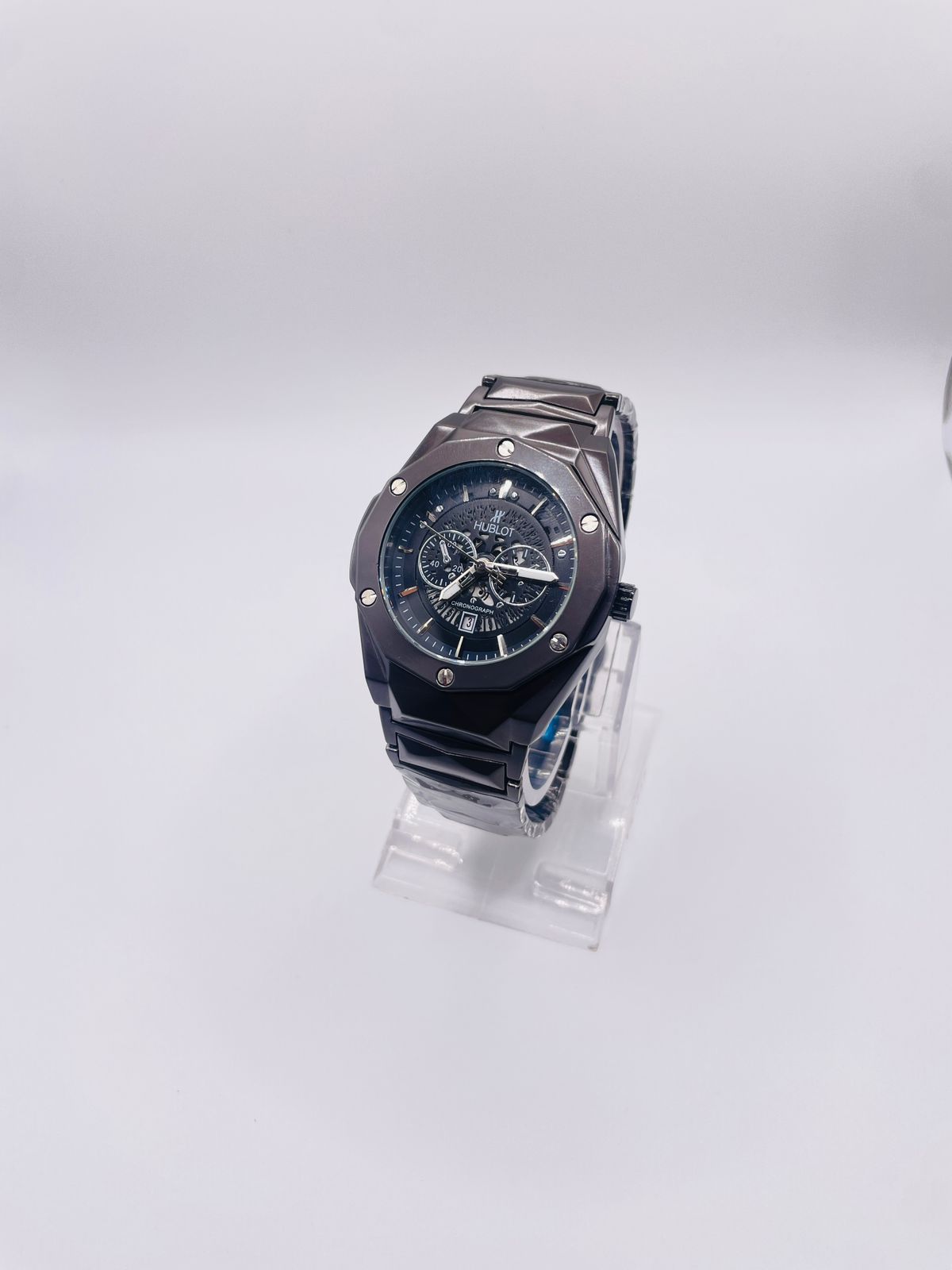 All Black Skeleton Chronograph Men’s Watch – Luxury Metal Strap | Sporty & Bold Design